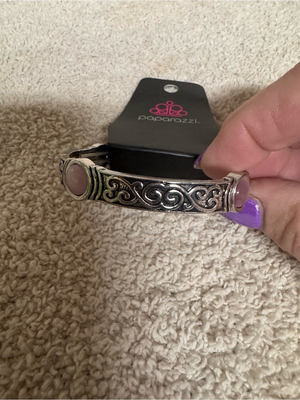 Paparazzi Silver-Tone Scroll Bracelet with Pink Cabochons